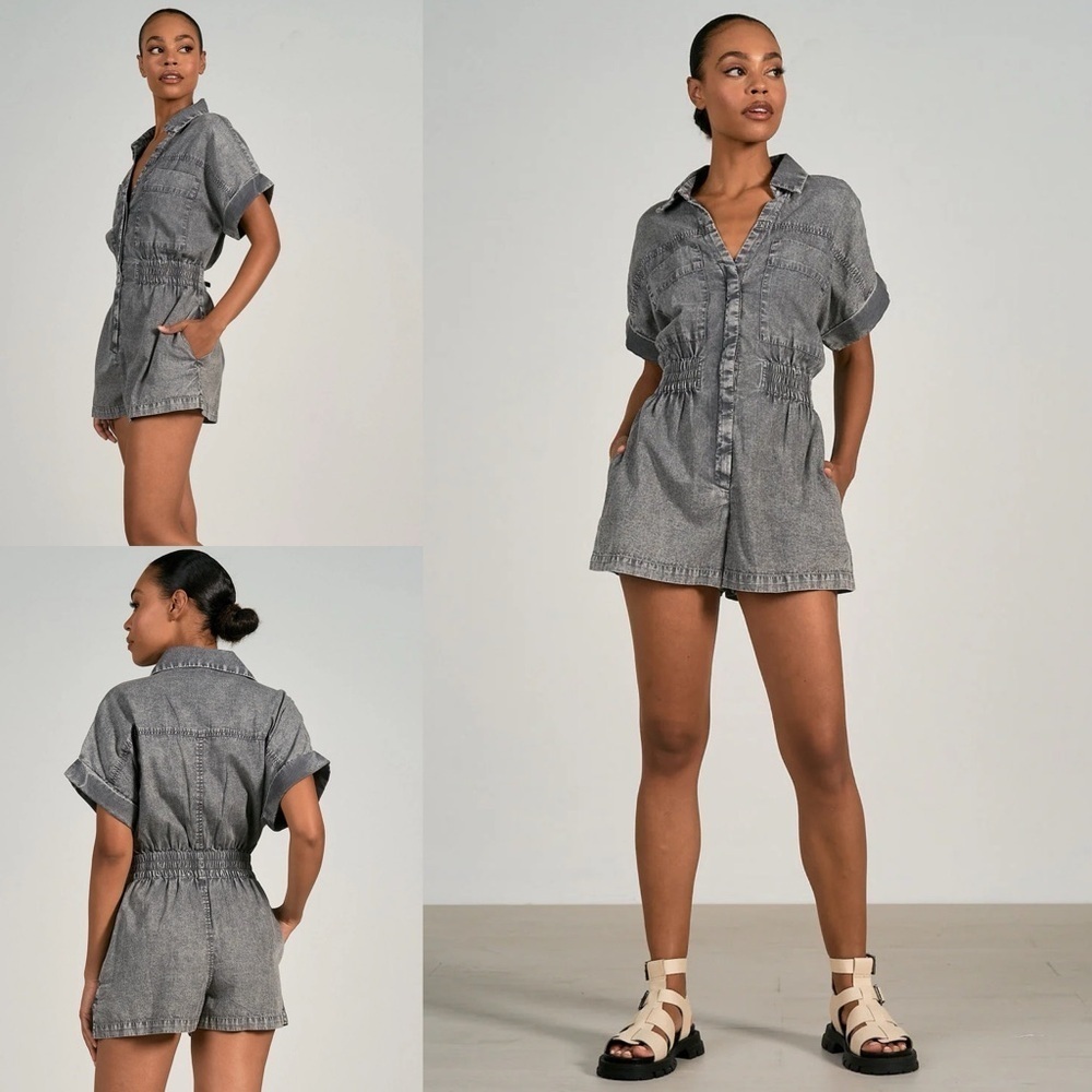 Elan Womens Gray Wash Teddie Short Sleeve Button Up Short Romper Size S